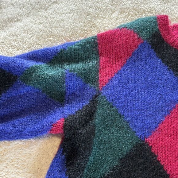 Vintage Sweater Large Mohair Long Line Pink Wool Blend Color Block Fuzzy Grunge - Picture 6 of 12